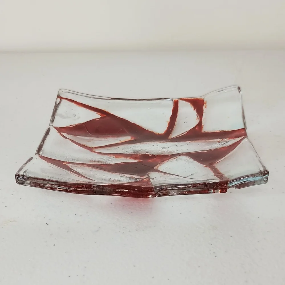 Vintage Red Clear Fuses Glass Trinket Dish Square Geometric 5x5